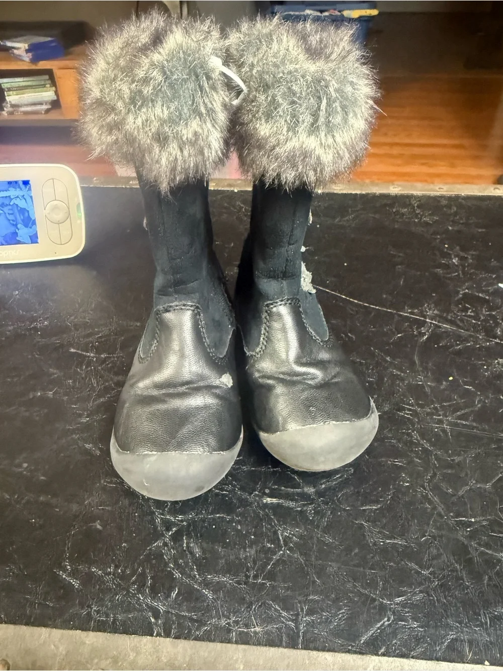 Hanna Andersson Black Girls Faux-Fur Cuff Boots with Flower Appliqués